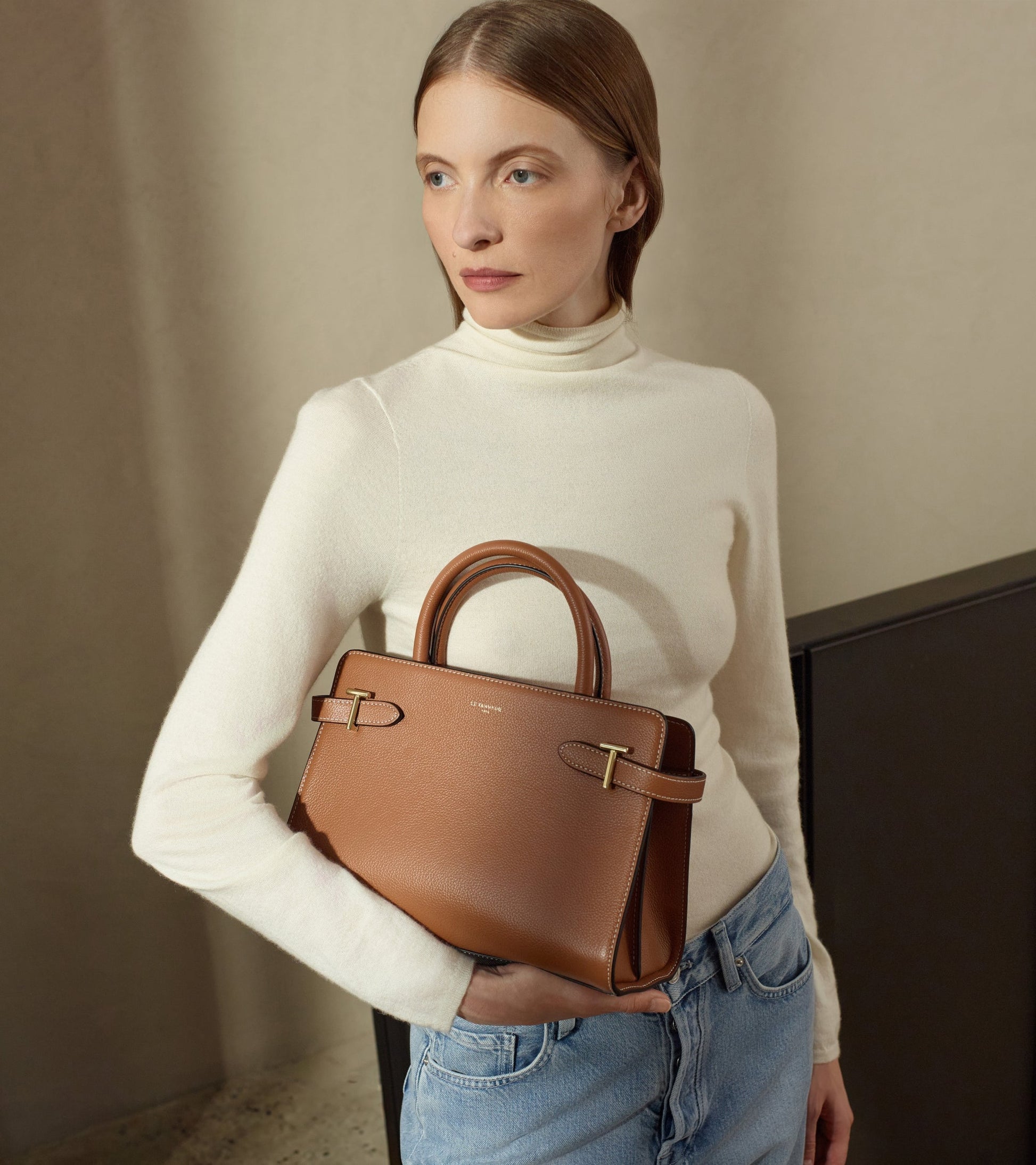 Sac à main moyen modèle Emilie en cuir grainé - Marron Tan
