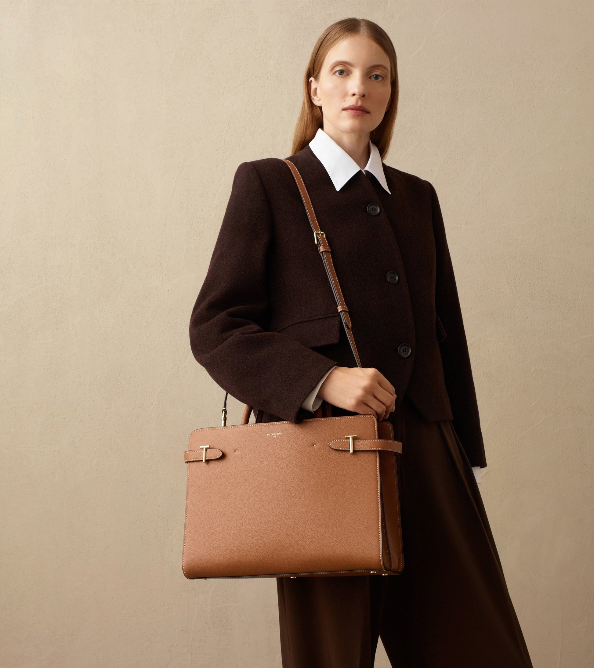 Grand sac à main Emilie en cuir grainé - Marron Tan
